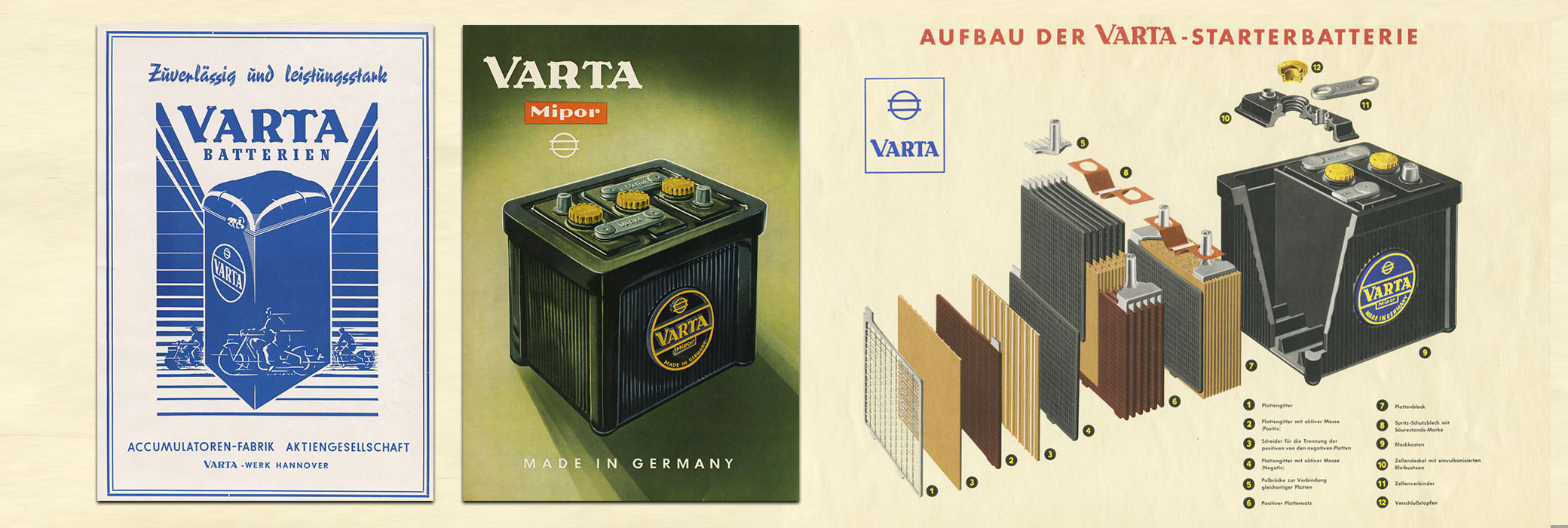 Two VARTA® posters on the left and the cutaway of a battery on the right