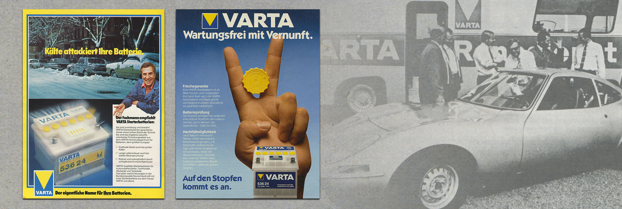 Two colored VARTA® posters from the eighties on the left side and a car in black and white on the right side