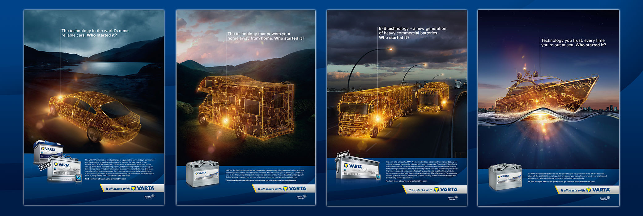 Four VARTA® posters showing the sections automotive, heavy commercial and leisure